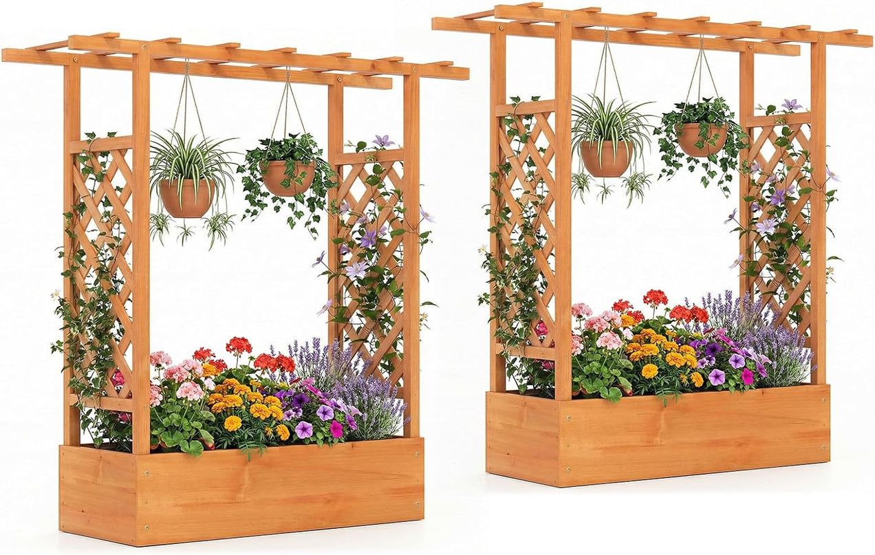 Giantex 45" Wooden Raised Garden Bed with Trellis & Hanging Roof