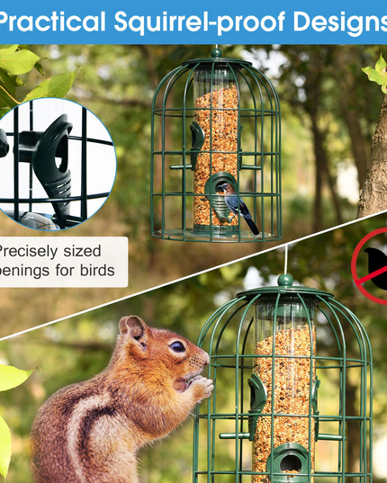 Giantex Metal Hanging Bird Feeder, Outdoor Squirrel-Proof Bird Feeder Cage with 4 Feeding Ports, Transparent PC Tube