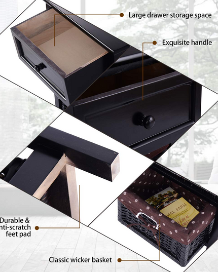 Giantex Wooden Nightstand 3 Tiers W/ 2 Baskets and 1 Drawer Bedside Sofa Storage Organizer