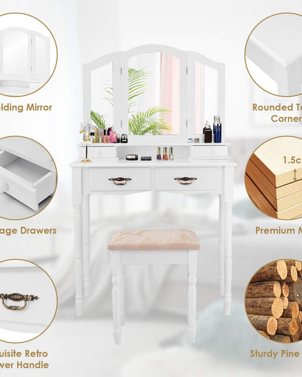 Giantex Modern Bedroom Bathroom Makeup Vanity Desk with Cushioned Stool for Girls Women