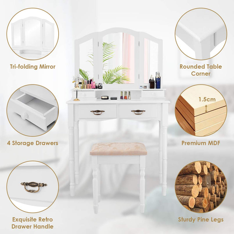 Giantex Modern Bedroom Bathroom Makeup Vanity Desk with Cushioned Stool for Girls Women