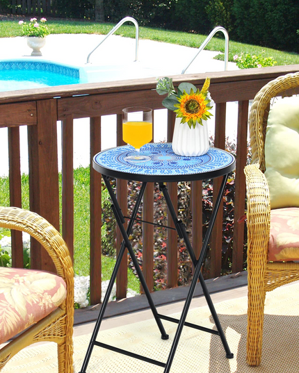 Giantex Folding Mosaic Patio Table, 14'' Outdoor Side Table Round Accent Table Plant Stand with Ceramic Tile Top