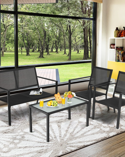 Giantex 4 Pieces Patio Furniture Set, Outdoor Conversation Set, Loveseat Bench with 2 Patio Chairs & Tempered Glass Coffee Table