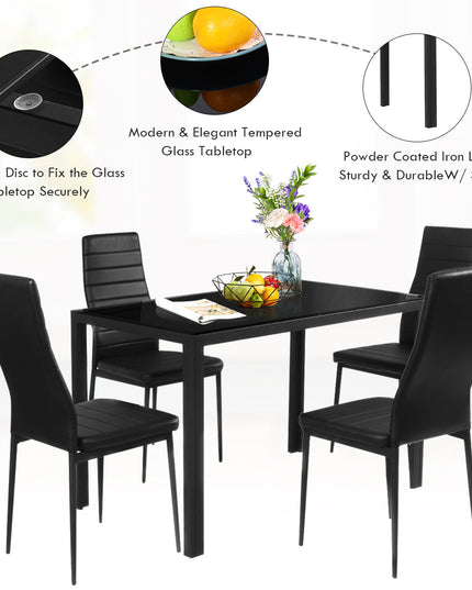 5 Piece Kitchen Dining Table Set with Glass Table Top Leather Padded 4 Chairs (Black) - Giantexus