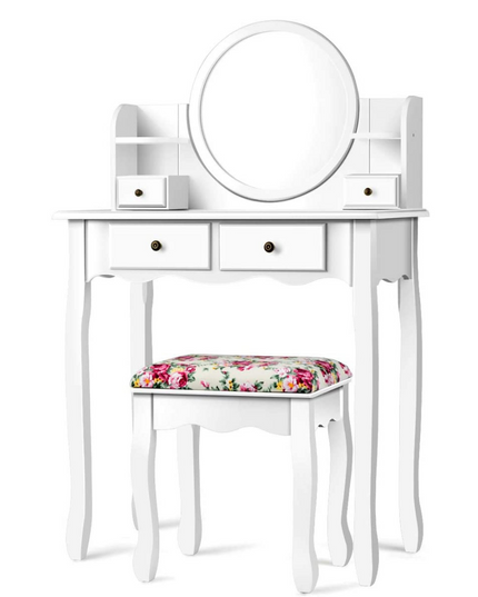 CHARMAID | Vanity Set with 4 Storage shelves and 4 Drawers, Makeup Table with 360?? Pivoted Round Mirror and Makeup Organizers - Giantexus