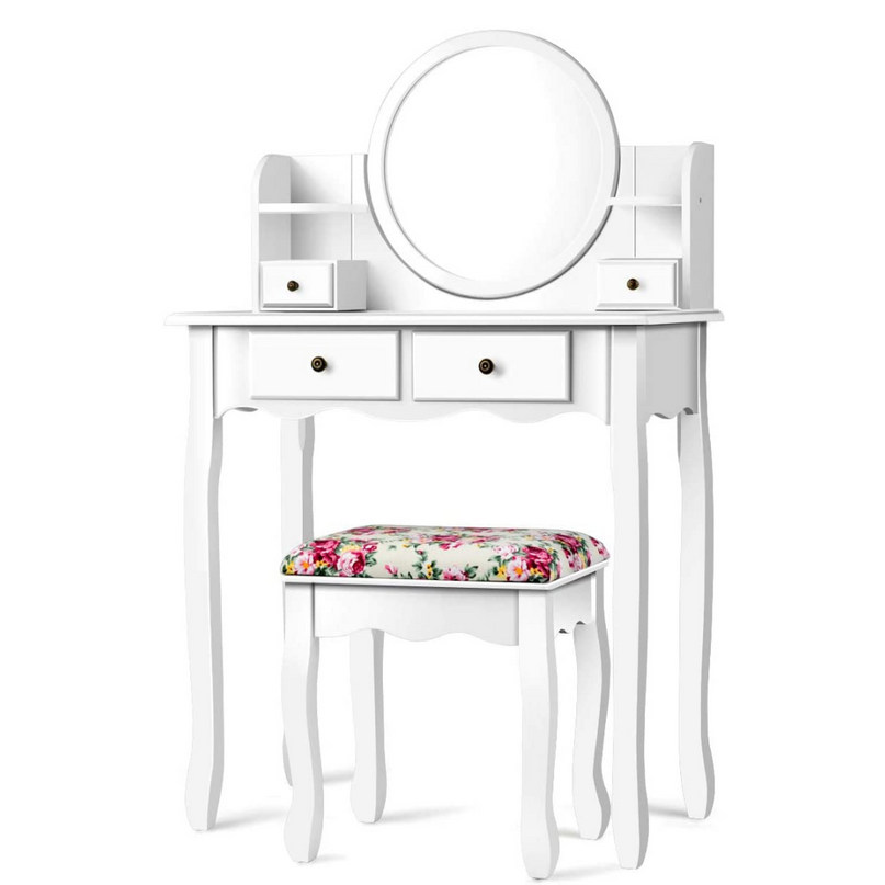 CHARMAID | Vanity Set with 4 Storage shelves and 4 Drawers, Makeup Table with 360?? Pivoted Round Mirror and Makeup Organizers - Giantexus