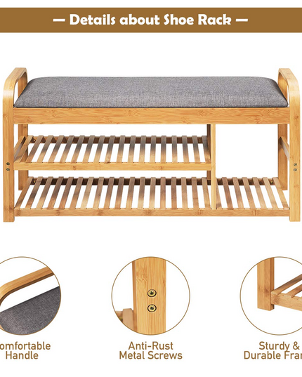 Giantex Shoe Rack Bench, Entryway 3-Tier Bamboo Shoe Organizer with Cushion (Natural and Grey)