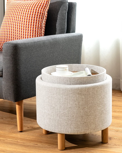Giantex Round Storage Ottoman with Tray, Accent Storage Footstool w/ Soft Padding
