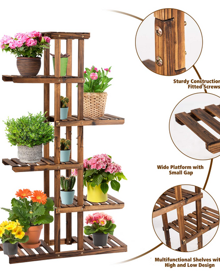 Giantex Flower Rack Wood Plant Stand 7 Wood Shelves 11 Pots