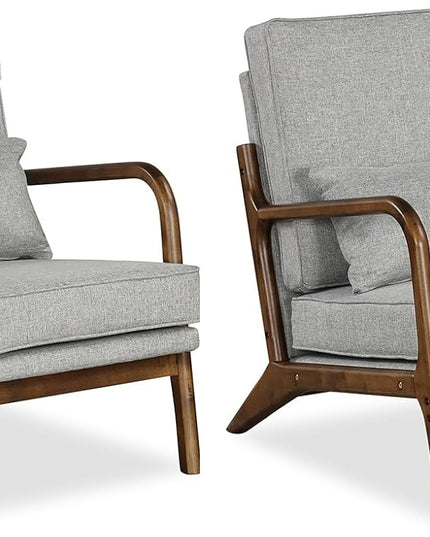 Giantex Mid Century Modern Accent Chair, Upholstered Armchair with Pillow, Rubber Wood Armrests & Legs