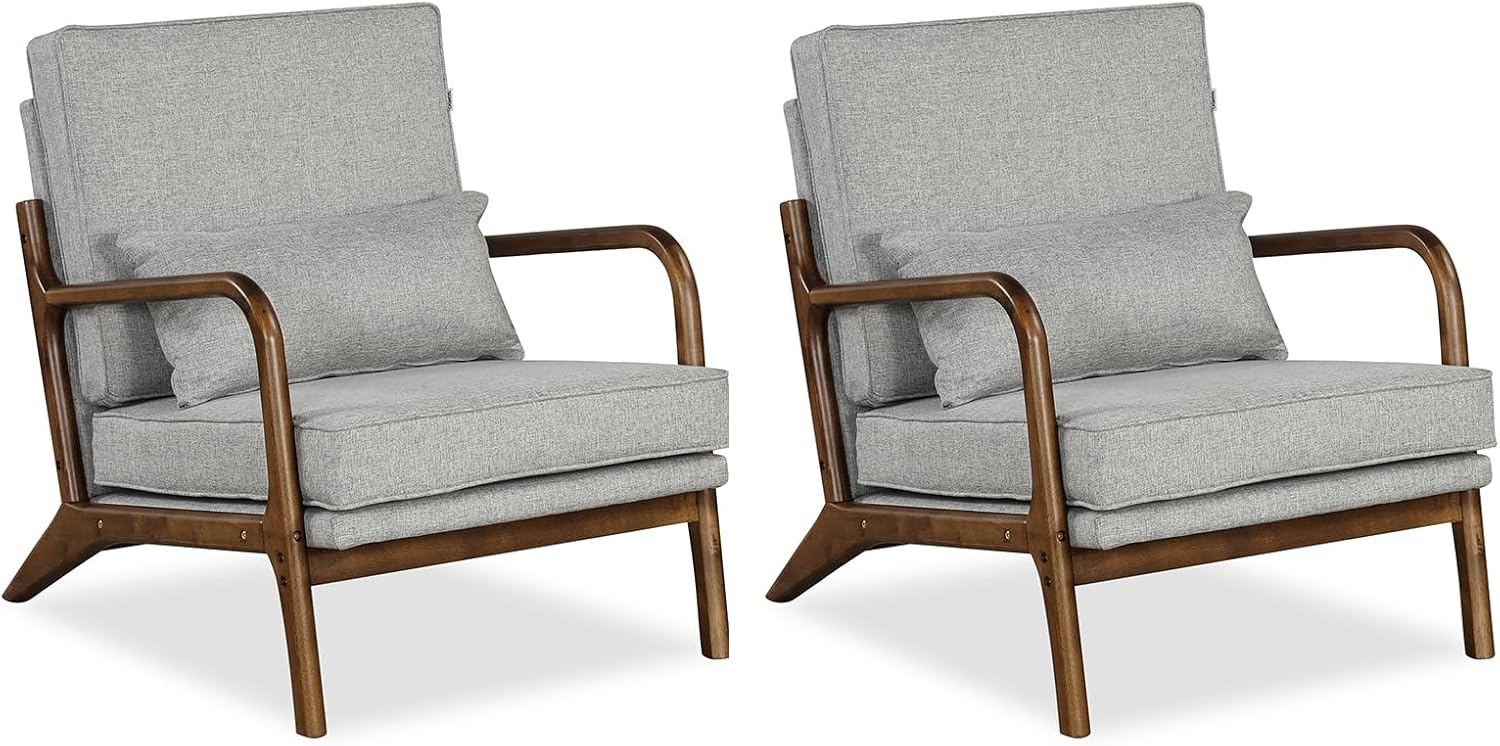 Giantex Mid Century Modern Accent Chair, Upholstered Armchair with Pillow, Rubber Wood Armrests & Legs