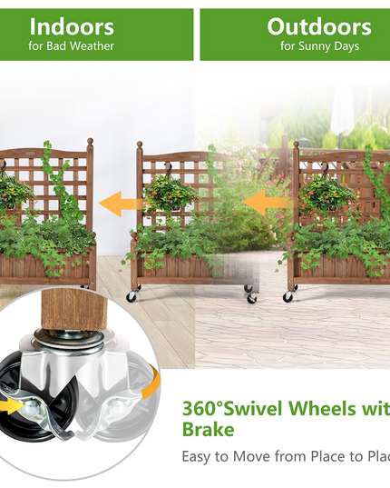 Wood Planter with Lattice Trellis and Wheels, 25'' x 11'' x 32.5'' (L x W x H)