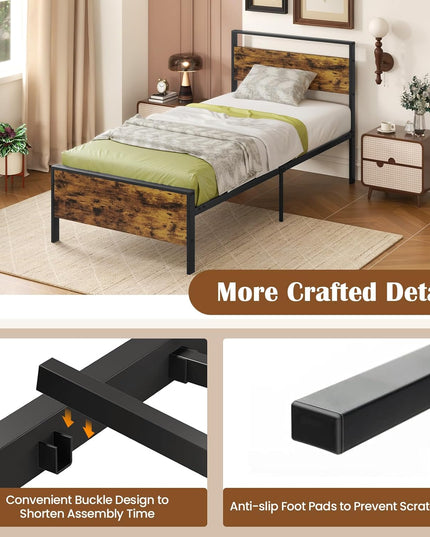 Cadres de lit plateforme en métal Giantex (taille double/complète/King/Queen) avec tête et pied de lit en bois