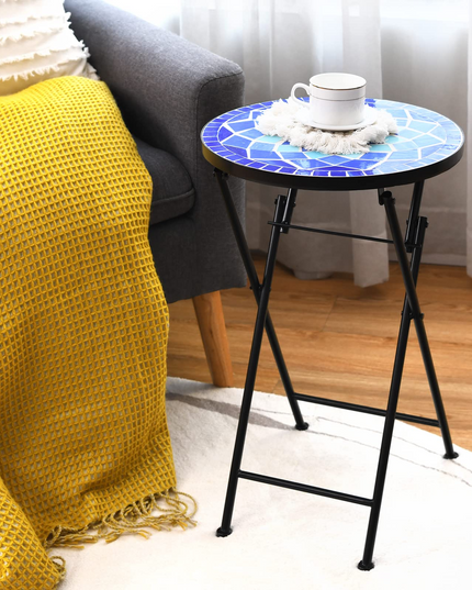 Giantex Folding Mosaic Patio Table, 14'' Outdoor Side Table Round Accent Table Plant Stand with Ceramic Tile Top
