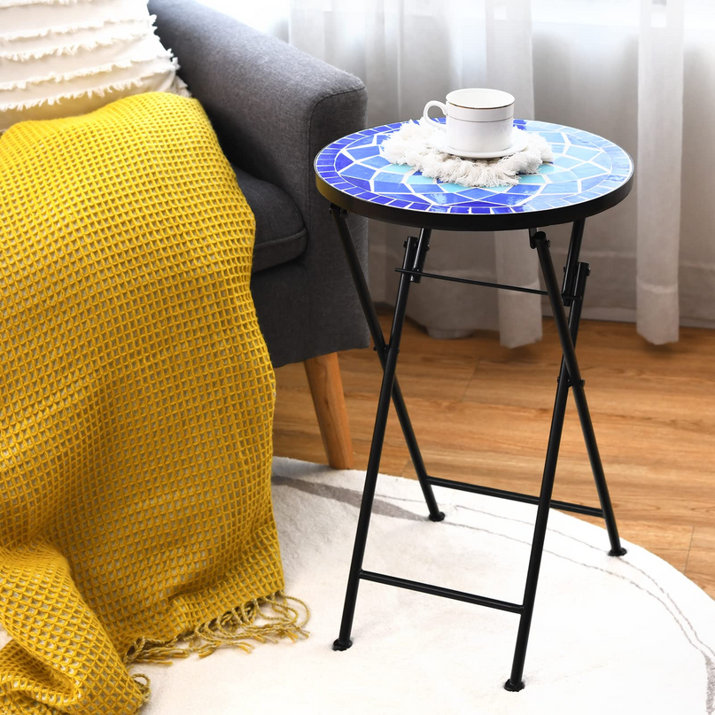 Giantex Folding Mosaic Patio Table, 14'' Outdoor Side Table Round Accent Table Plant Stand with Ceramic Tile Top