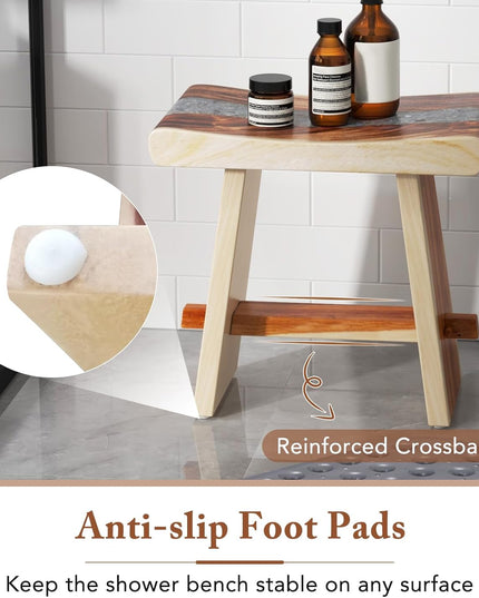 Giantex Teak Shower Bench, Fully Assembled Teak Shower Stool with Epoxy Resin Decoration and Curved Seat