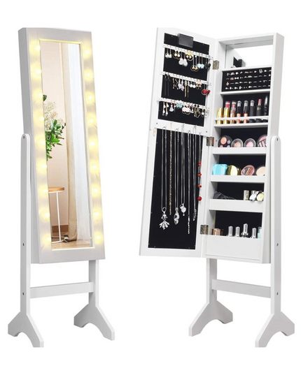 Standing Jewelry Armoire with 18 LED Lights Around the Door