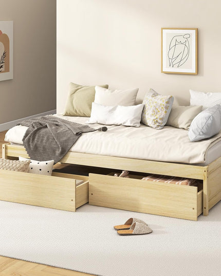 Giantex Twin Bed Frame with 2 Storage Drawers, Solid Wood Platform Bed with Slats Support