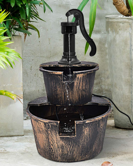 Giantex 2-Tier Rustic Barrel Waterfall Fountain with Pump