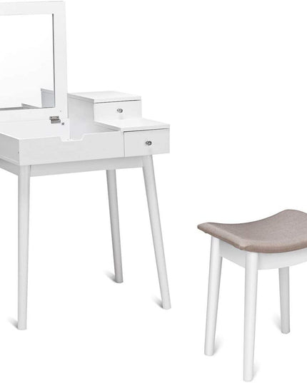 Vanity Table Set with Flip Top Mirror and Cushioned Stool with 2 Drawers, White - Giantexus