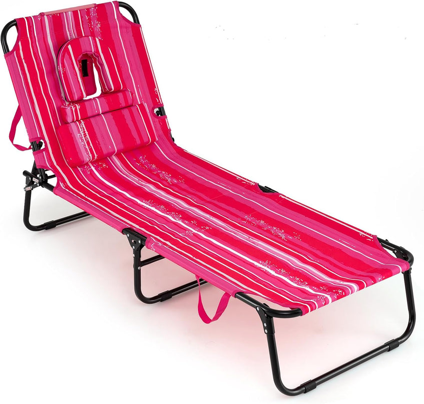 Giantex Folding Beach Tanning Chair - Adjustable Patio Lounge Chair w/Face Hole