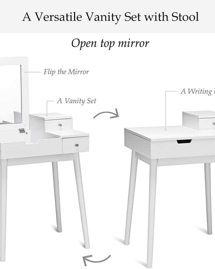 Vanity Table Set with Flip Top Mirror and Cushioned Stool with 2 Drawers, White - Giantexus