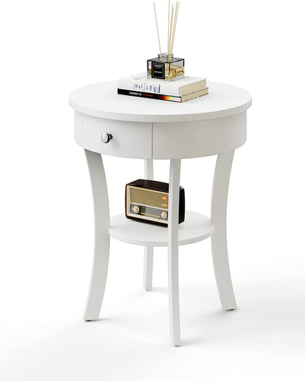 Giantex Round End Table with Drawer, 2-Tier Wood Side Table w/Open Shelf