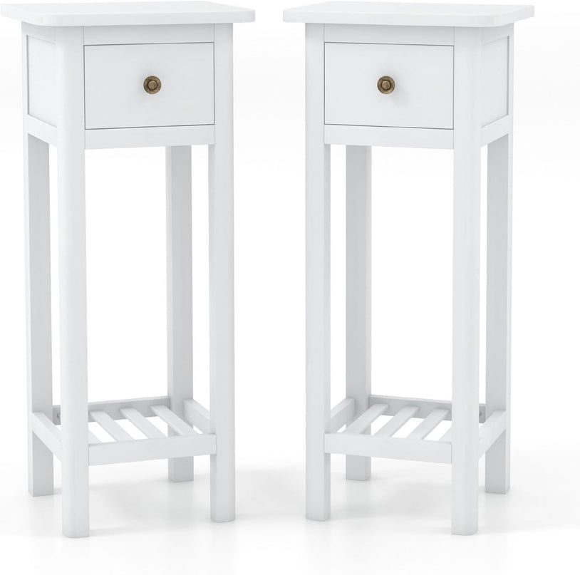 Giantex Narrow End Table with Drawer, Tall Acacia Wood Side Table with Bottom Shelf, Modern Bedside Tables