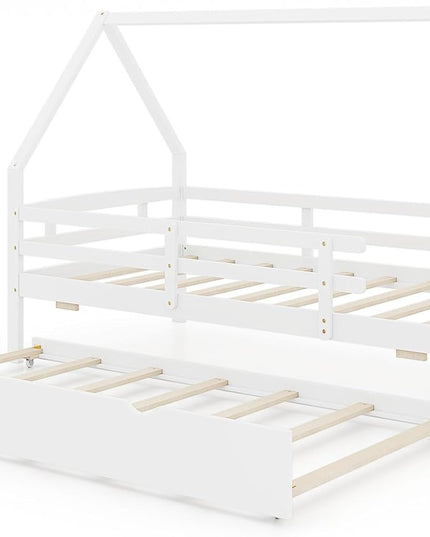 Giantex Twin House Bed with Trundle, Wood Kids Bed Frame with Roof & Fence Rails