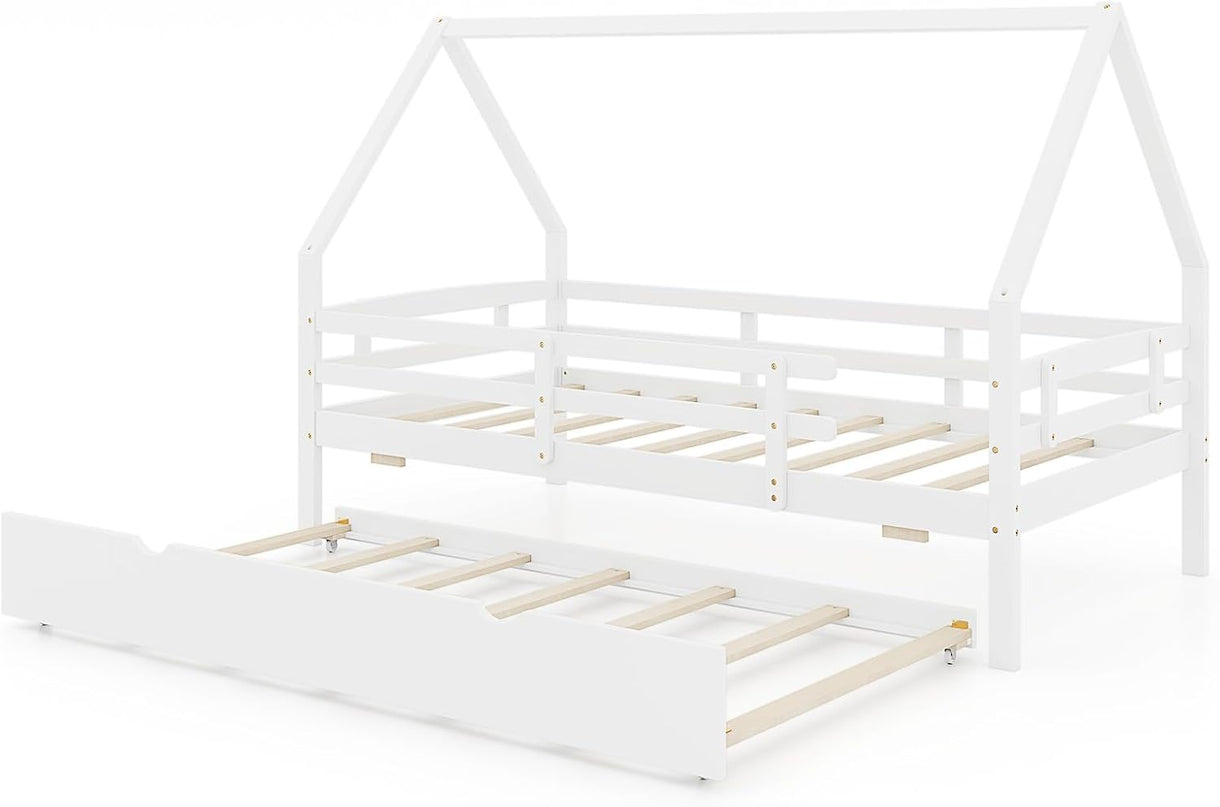 Giantex Twin House Bed with Trundle, Wood Kids Bed Frame with Roof & Fence Rails