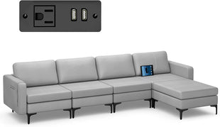 4 Seat Chaise Lounge 1 USB Socket / Light Grey