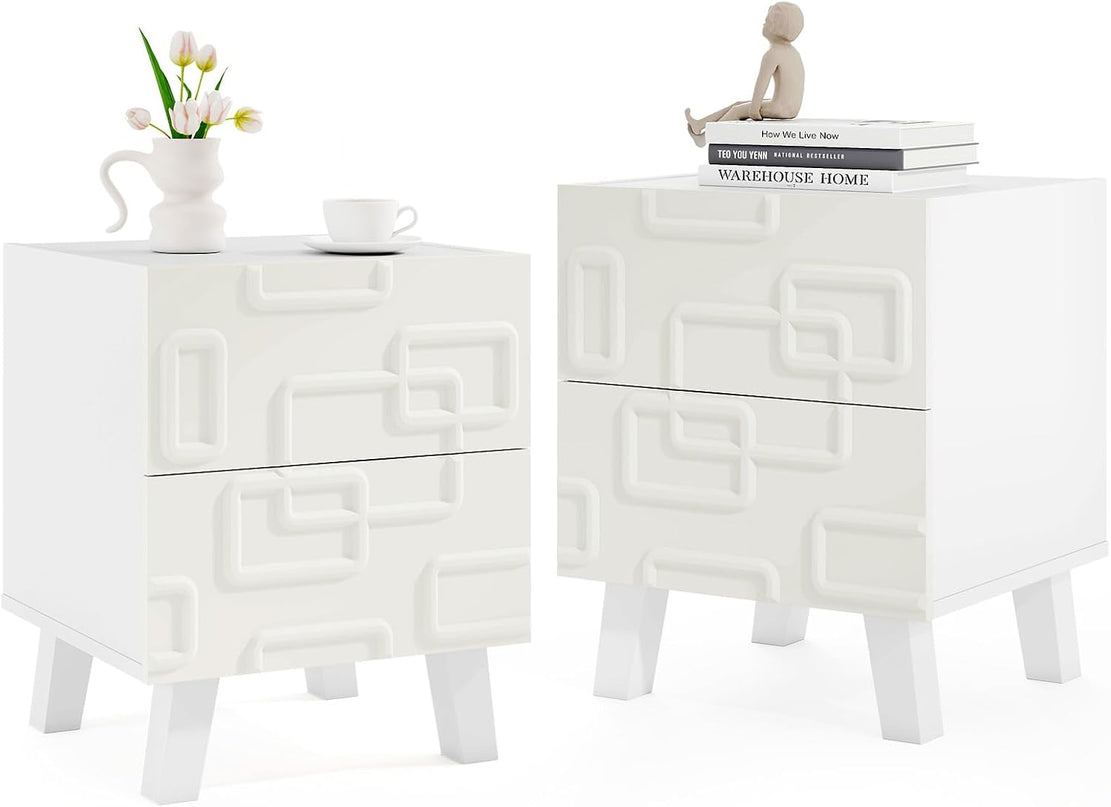 Giantex 2-Drawer Bedside Table with 3D Geometric Patterns for Small Space