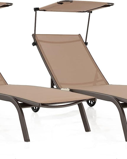 Giantex Outdoor Chaise Lounge Chair, Tanning Chair with Sunshade and Smooth Wheels, 6-Level Adjustable Position