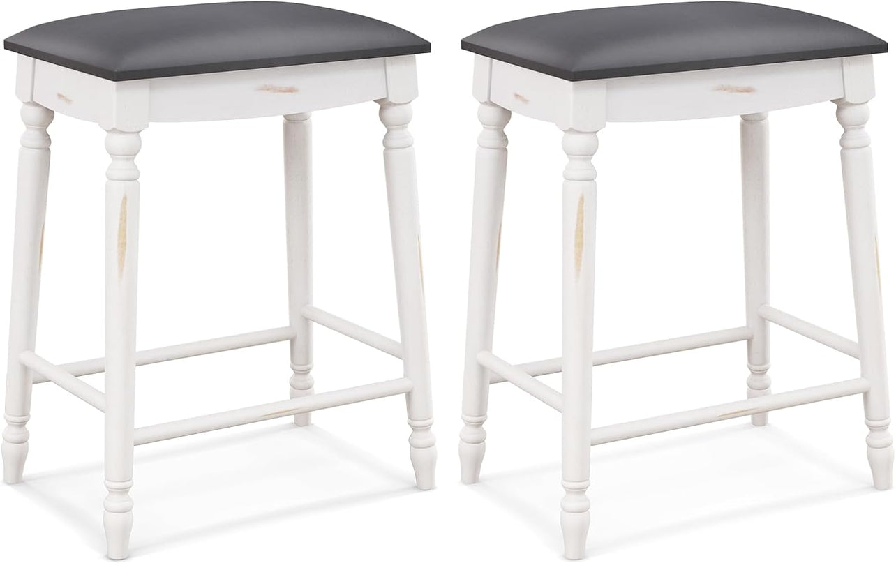 Giantex Bar Stools, 29"/24" Bar Height Saddle Stools w/Padded Seat, Rubber Wood Legs, Footrests & Antiqued Surface