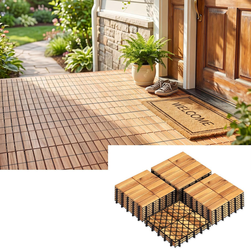 Giantex 12" x 12" Acacia Wood Interlocking Patio Flooring Tiles with Drainage Base
