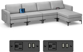 4 Seat Chaise Lounge 2 USB Sockets / Light Grey
