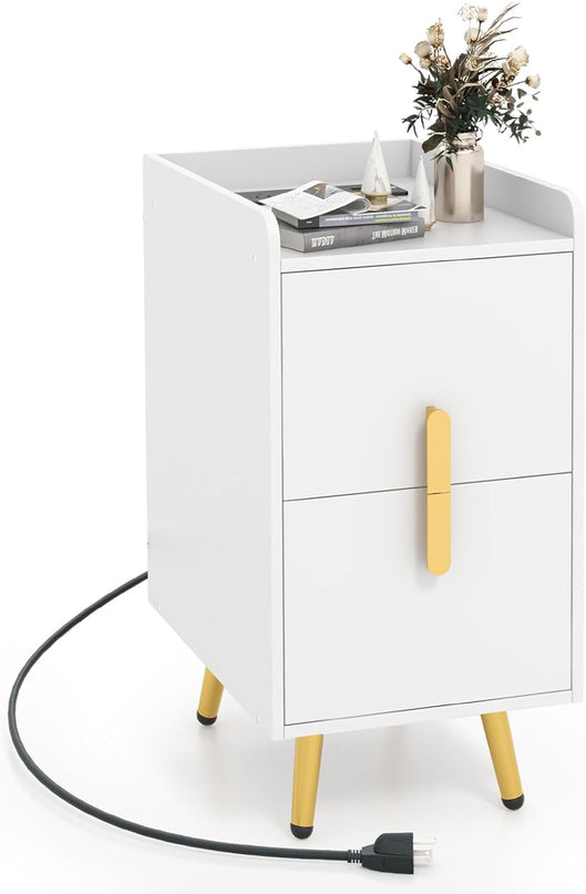 Giantex Nightstand with Charging Station, Narrow End Table with 2 Drawers & Metal Gold Legs