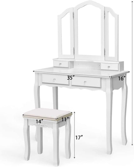 Vanity Set with Tri-Folding Mirror and 4 Drawers Makeup Dressing Table - Giantexus