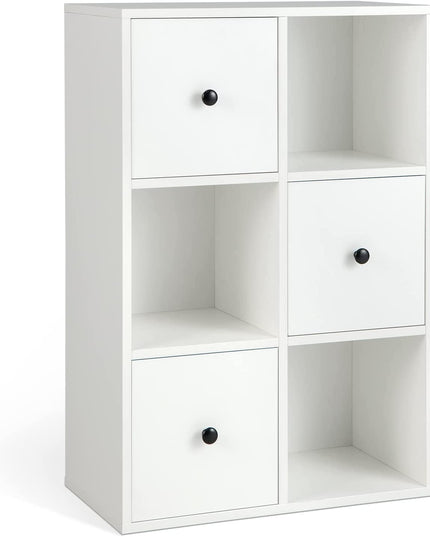 Giantex 6-Cube Bookcase with Drawers, 3-Tier Freestanding Wooden Bookshelf with Anti-toppling Device