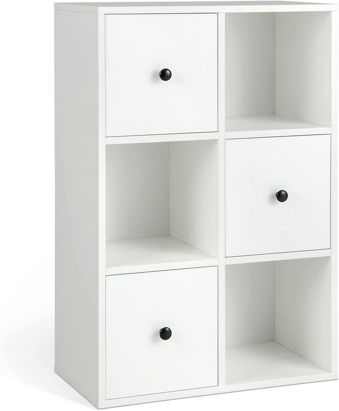 Giantex 6-Cube Bookcase with Drawers, 3-Tier Freestanding Wooden Bookshelf with Anti-toppling Device