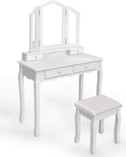 Vanity Set with Tri-Folding Mirror and 4 Drawers Makeup Dressing Table - Giantexus