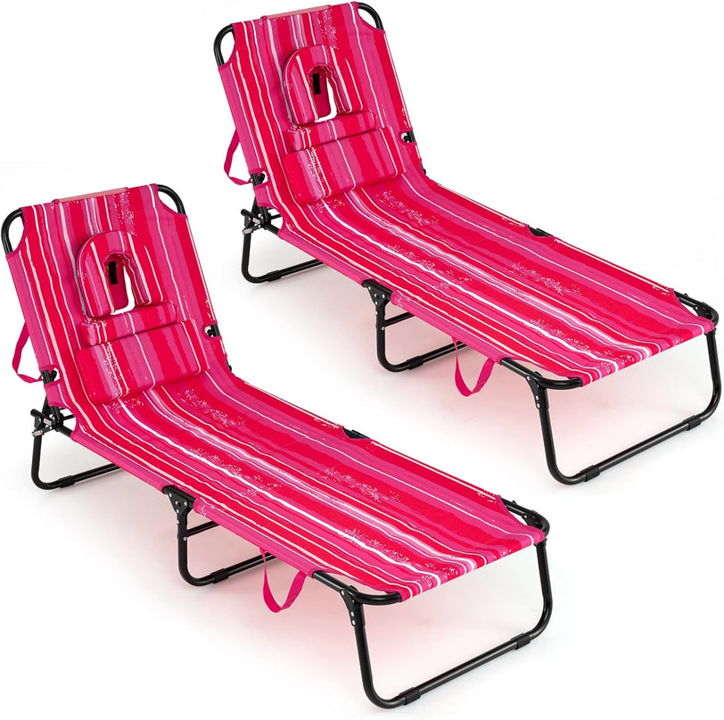 Giantex Folding Beach Tanning Chair - Adjustable Patio Lounge Chair w/Face Hole