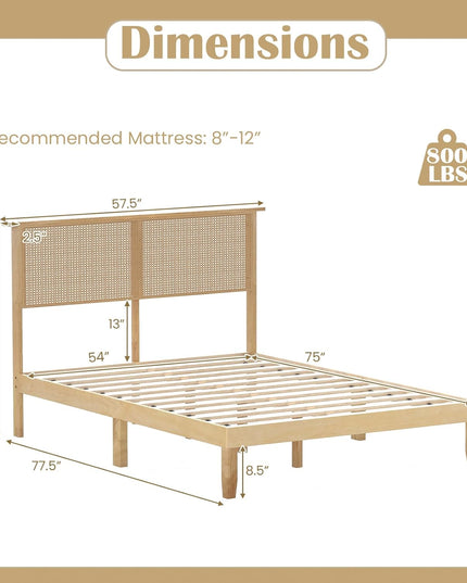 Cadres de lit Giantex Queen/Full/Twin avec tête de lit en rotin, plateforme de lit bohème en bois massif avec lattes en bois