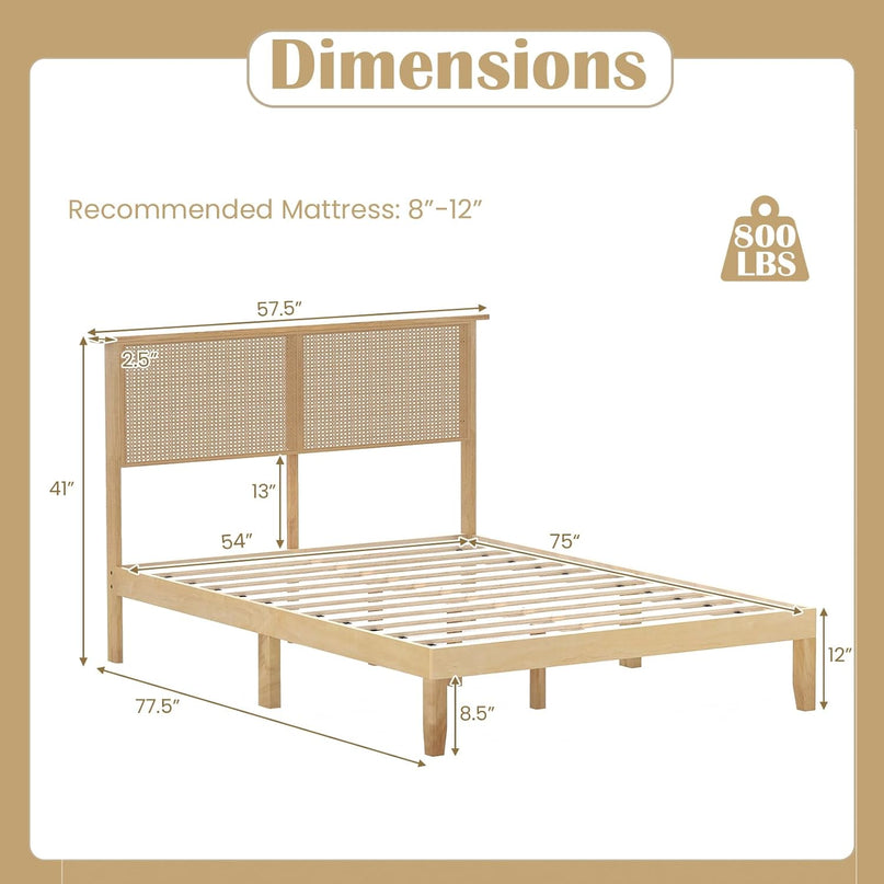 Giantex Queen/Full/Twin Bed Frames with Rattan Headboard, Boho Solid Wood Platform Bed with Wooden Slats