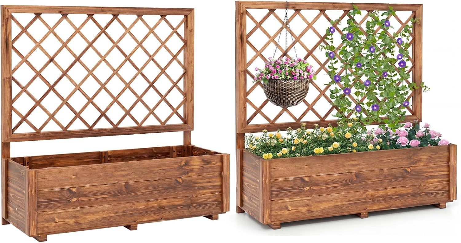 Giantex 39”x14”x40” Wood Elevated Planter Box with Trellis and Drainage Hole (1/2)