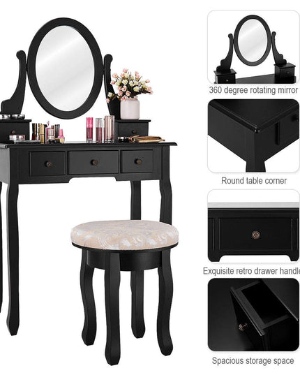 Giantex  Round 360 Degree Rotation Swivel Mirror Dressing Table Stool Wooden Vanity Set (Black with 5 Drawer)