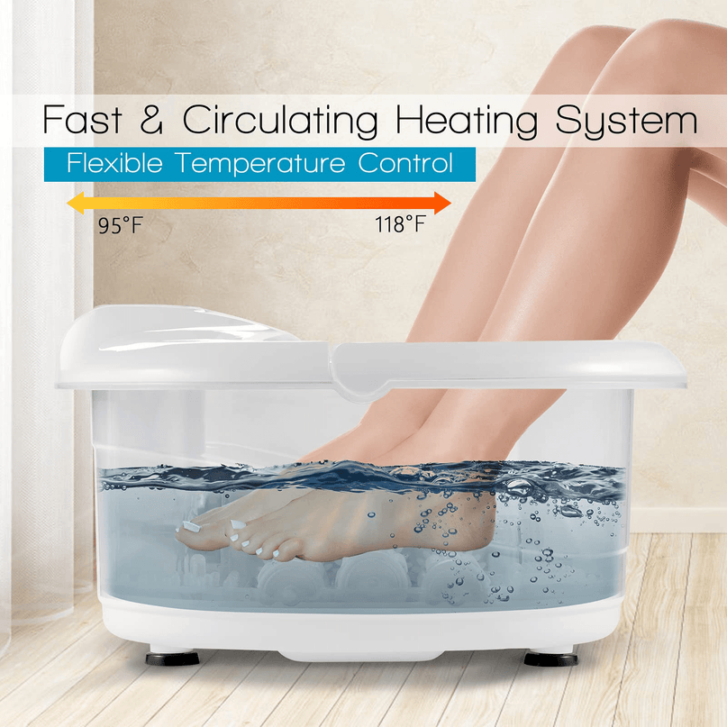 Giantex Foot Spa Bath Massager with Heat Bubbles, 6 Motorized Massage Rollers, Fast Heating, Red Light, Adjustable Temperature & Time (Blue/White) - Giantexus