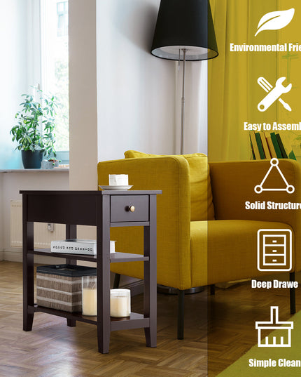 Giantex 3-Tier End Table with Drawer and Double Shelves Narrow Tiered Side Table for Bedroom