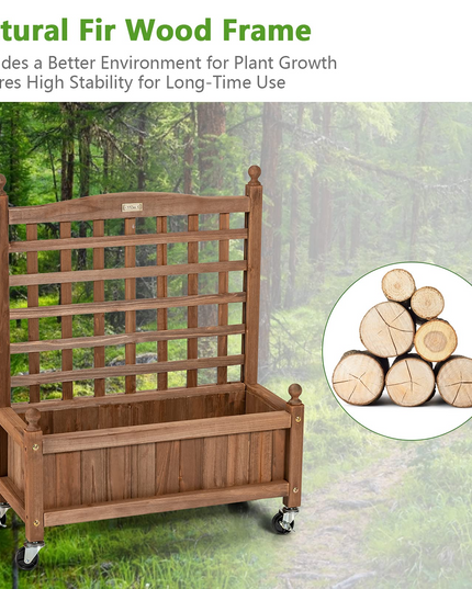 Wood Planter with Lattice Trellis and Wheels, 25'' x 11'' x 32.5'' (L x W x H)