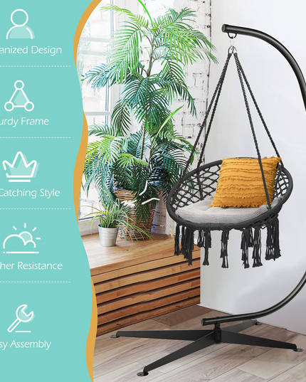 Giantex Hammock Chair with Stand, Solid Steel Heavy Duty C Stand with Macrame Hanging Chair